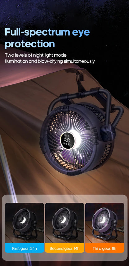 KINSCOTER 6-in-1 Portable Camping Fan — 20000mAh Rechargeable Outdoor Fan with 4 Speeds, Hook & LED Light
