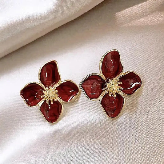 Hibiscus Flower Dropped Glaze Stud Earrings — French Vintage 2024 Fashion Jewelry for Women & Girls, Romantic Wedding Gift