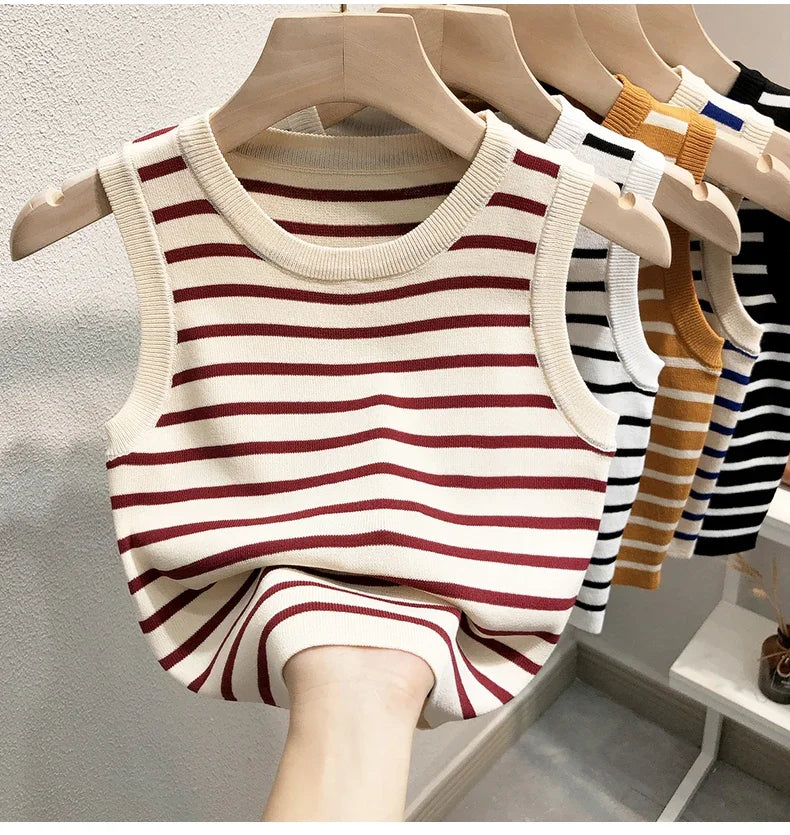 Women's Striped Sleeveless Tank Top — Knitted Crop Summer & Spring Casual Slim Fit Vest Camis