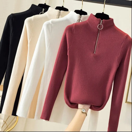 Women's Knitted Zipper Half High Neck Sweater - Slim Fit Solid Pullovers for Autumn/Winter, Basic Knitwear Tops