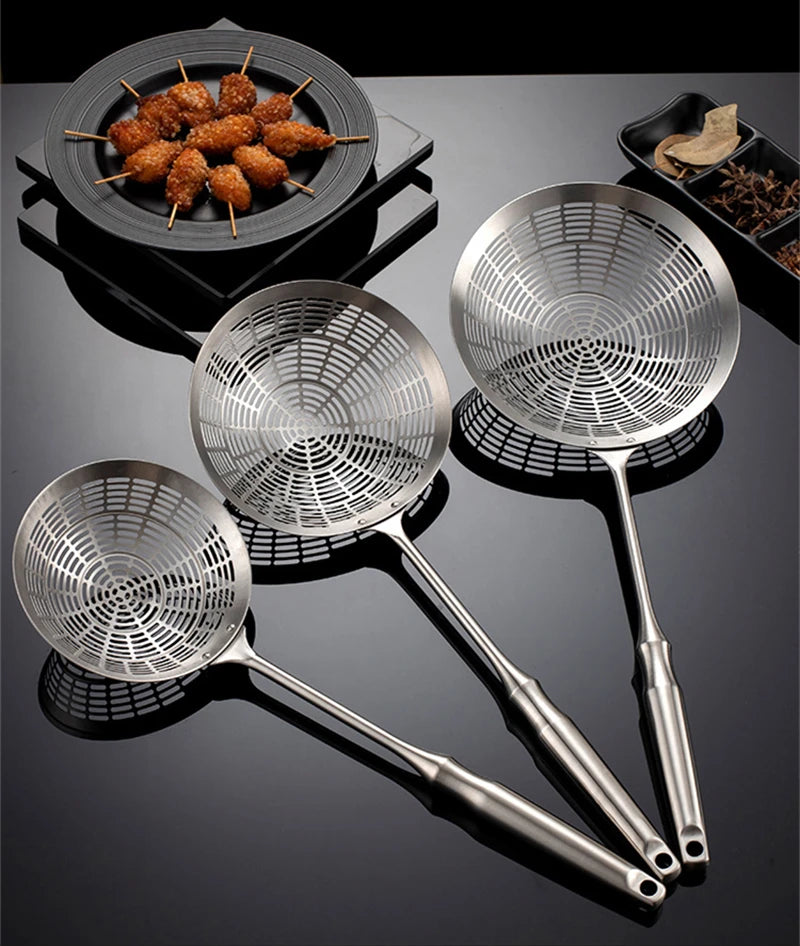 3 Sizes Round 304 Stainless Steel Strainer Set – Long Handle Kitchen Sieves for Hot Pot, Oil Filter & Cooking Tools