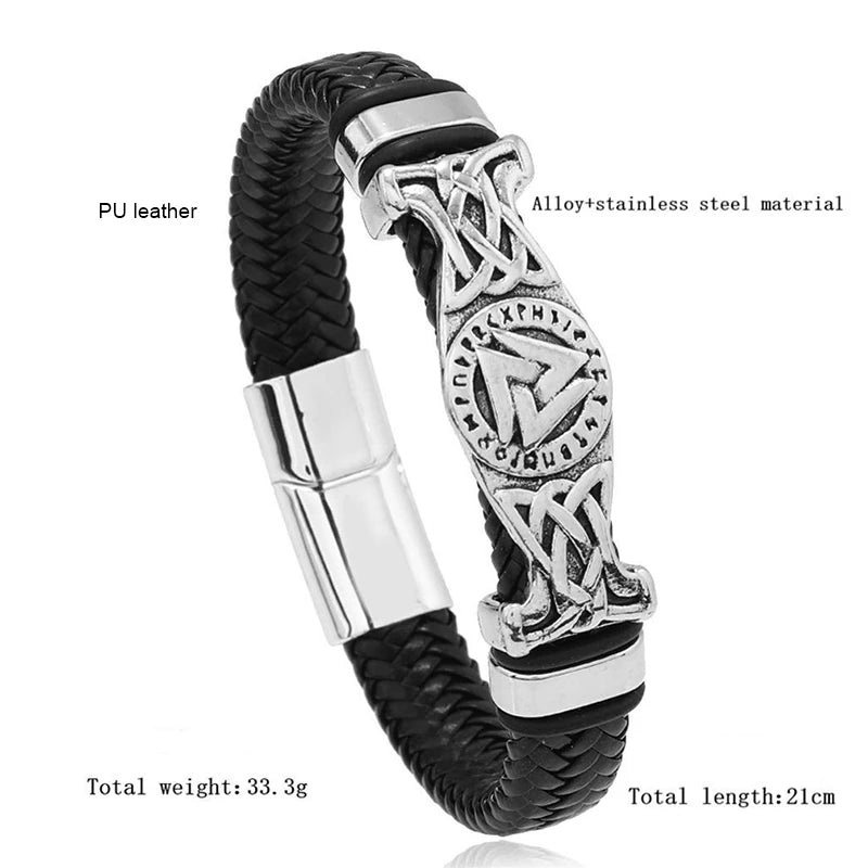 Vintage Viking Woven Leather Bracelet – Nordic Celtic Knot Valknut Symbol, Magnetic Bangle for Men