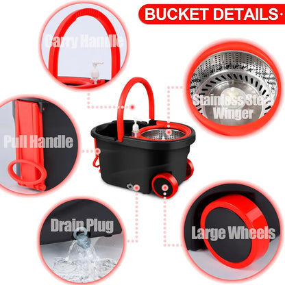 Black Spin Mop Bucket Set with Wringer – Wheeled Bucket, Adjustable Handle & 3 Replacement Mop Refills
