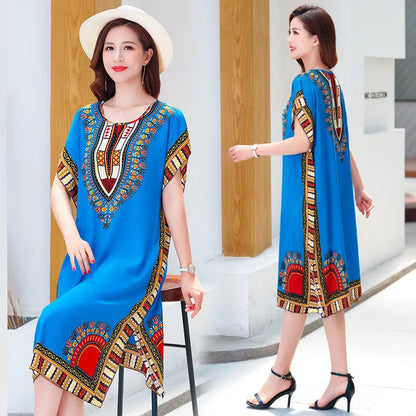 Fdfklak Ethnic Style Nightdress - Mid-Length Sleeveless Summer Sleepwear Loose Beach Nightgown for Women