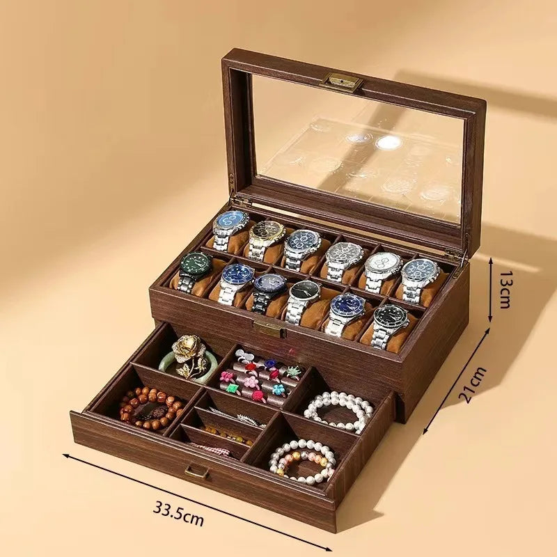 DELESYS Retro Wood Grain Leather Watch Box — Creative Storage Case for Watches, Glasses & Accessories, Gift Box