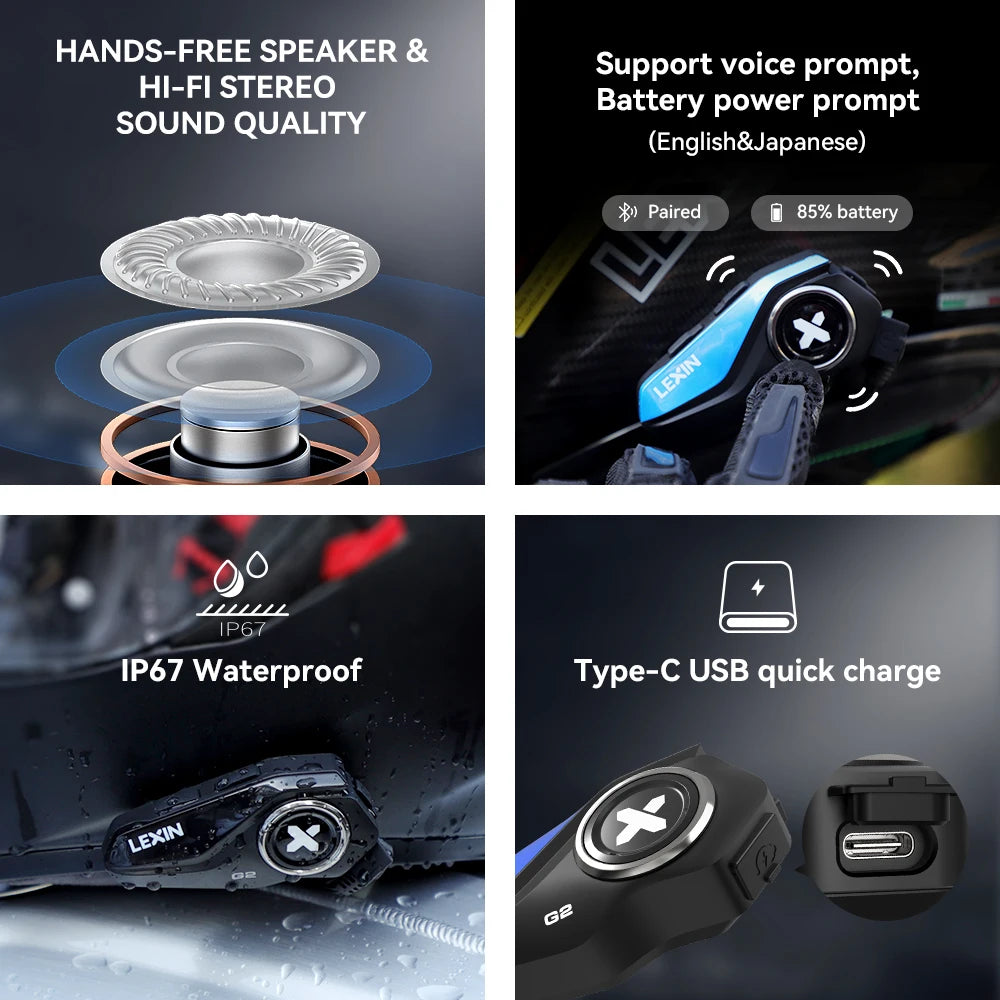 Lexin G2P Motorcycle Helmet Bluetooth Intercom – Hands-Free Communicator for Up to 6 Riders with FM Radio