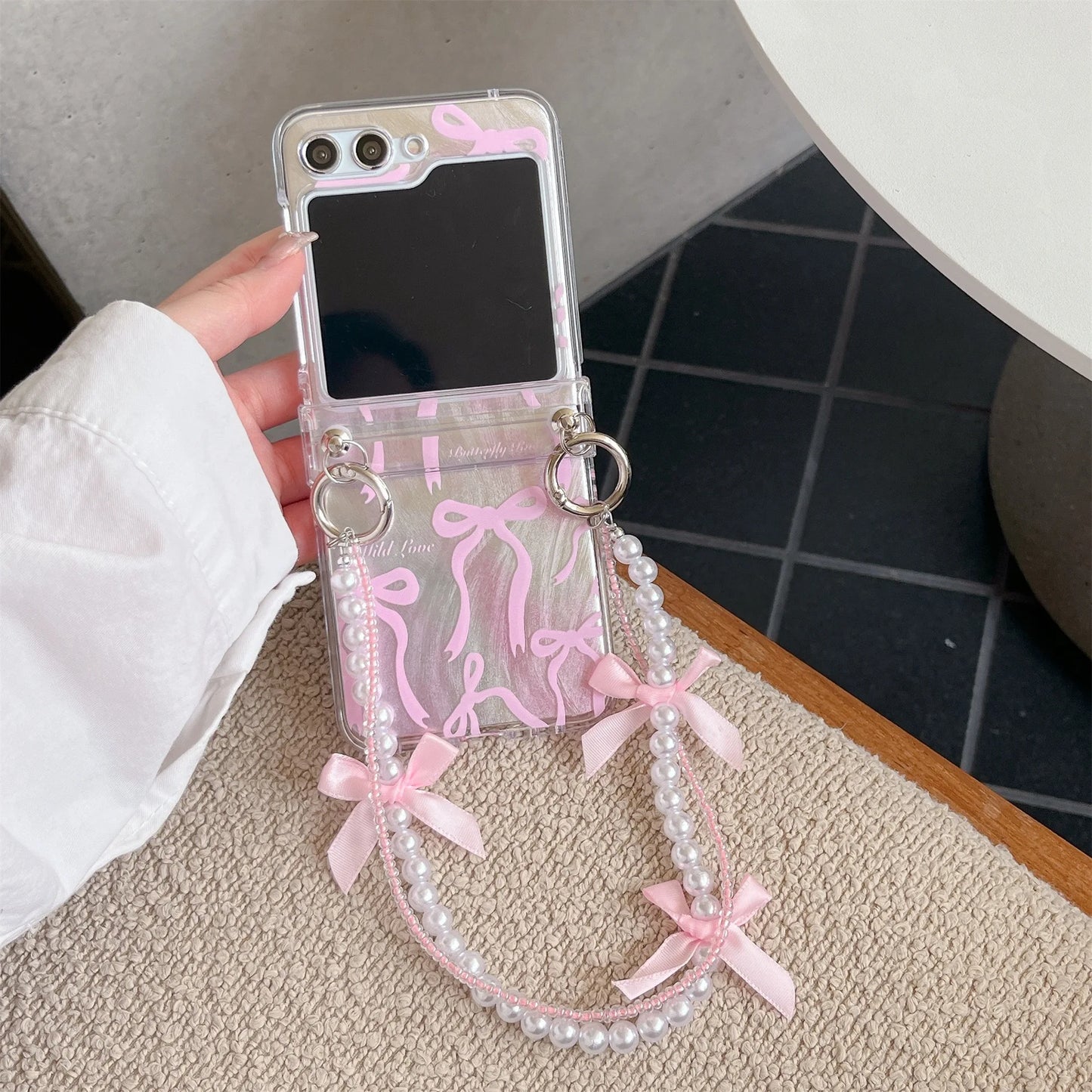 Pink Feathery Bow Folding Case with Chain for Samsung Galaxy Z Flip 3/4/5/6 – Cute Stylish Phone Cover