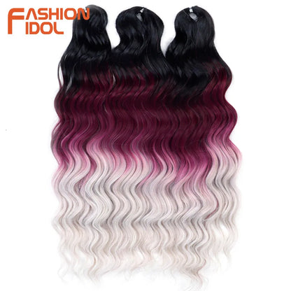 FASHION IDOL 24" Deep Wave Crochet Hair - 3-Piece Synthetic Water Wave Braiding Extensions, Ombre Rainbow Twist Hair