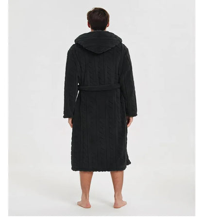 Men’s Fall & Winter Warm Hooded Robe – Thickened Cotton Velvet Jacquard Homewear for Couples