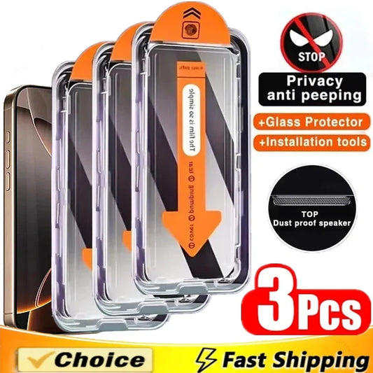 3Pcs Dust-Free Privacy Screen Protector for iPhone - Anti-Spy Tempered Glass with Easy Installation for 16 15 14 13 12 11 Pro Max Mini X XR XS 7 8 Plus