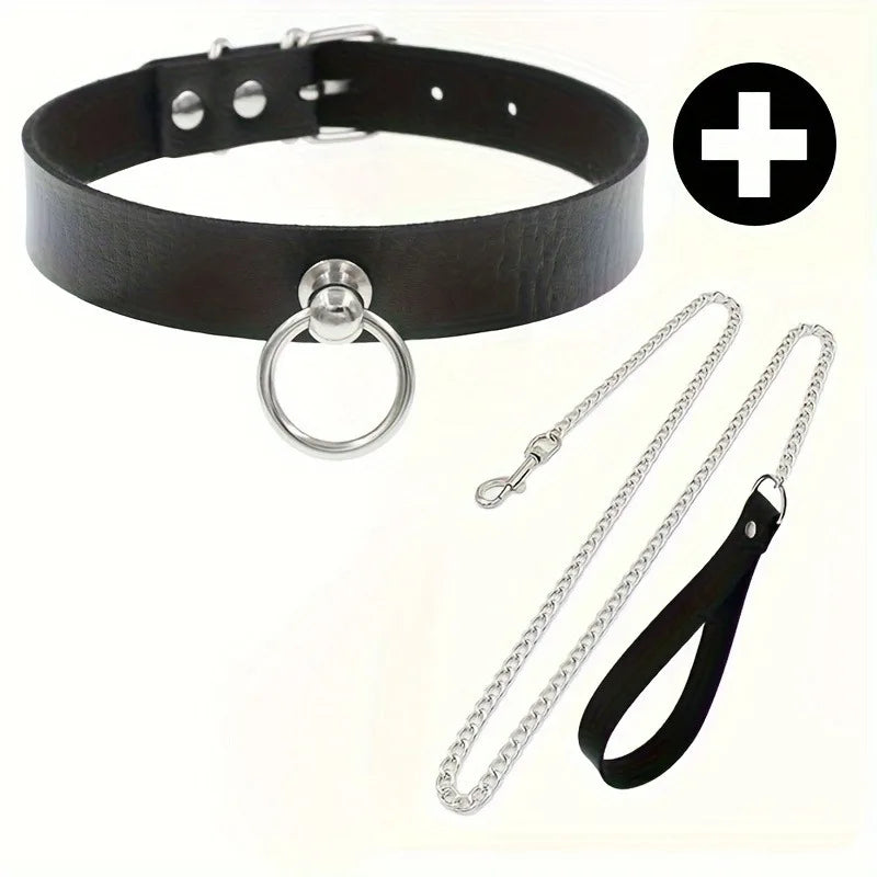 Gothic Punk PU Leather O-Ring Choker - Adjustable Collar Necklace for Women, Halloween & Alternative Fashion