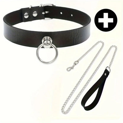 Gothic Punk PU Leather O-Ring Choker - Adjustable Collar Necklace for Women, Halloween & Alternative Fashion