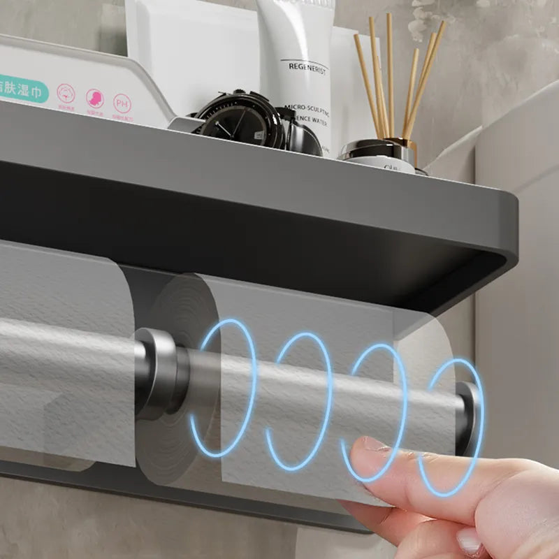 Large Wall-Mounted Toilet Paper Holder with Storage Tray and Phone Stand - Bathroom Accessories, Toilet Organizer
