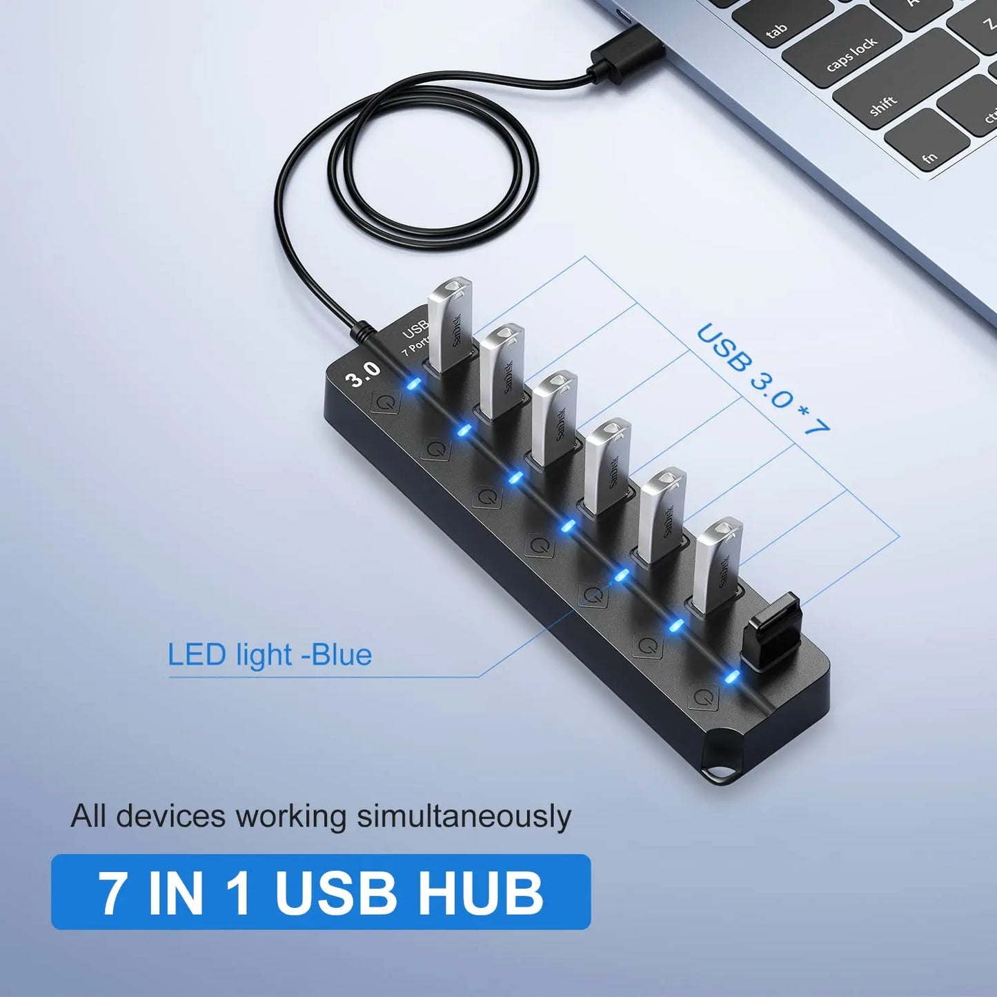 USB 3.0 Hub — 7-Port High-Speed Splitter with Power Adapter, Switch & Long Cable Expander