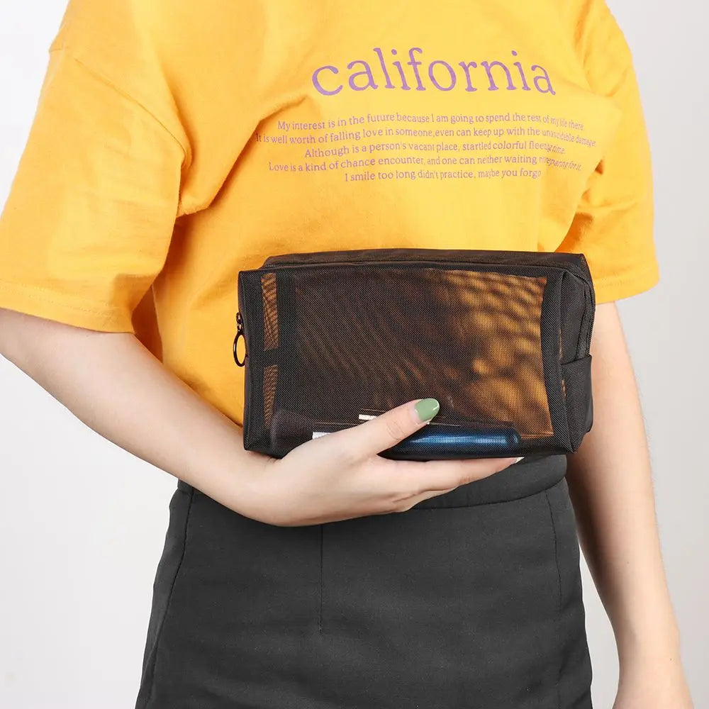 Travel Black Mesh Cosmetic Bag — Zipper Makeup & Toiletry Organizer for Women, Portable Storage Pouch