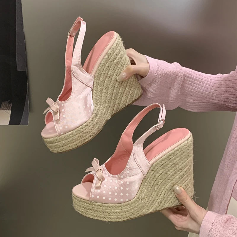 Women’s Grass Woven Wedge Sandals - Retro Butterfly Bow Platform Shoes for Summer
