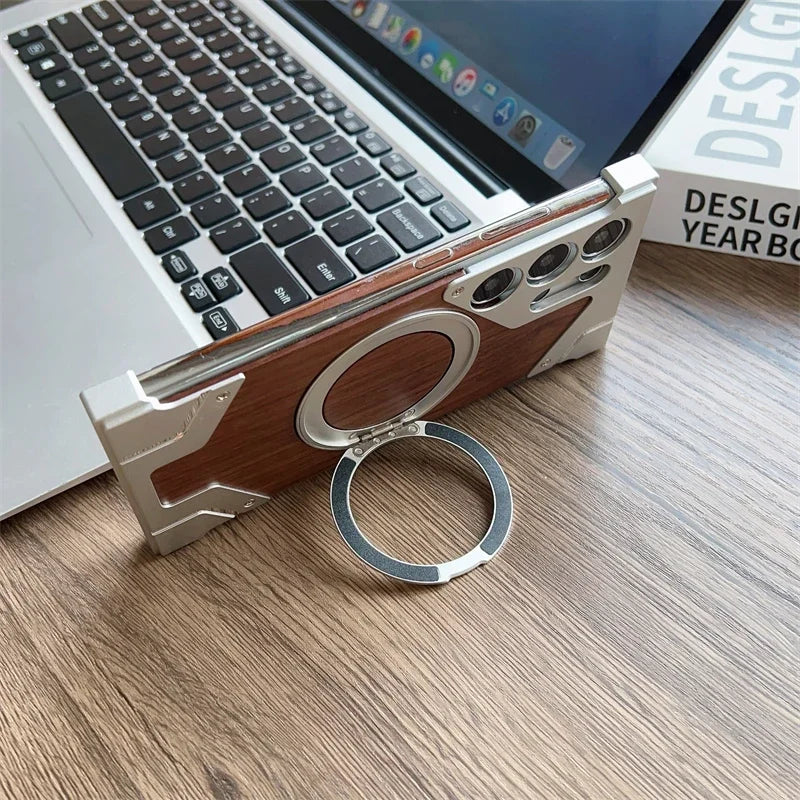 Aluminum & Wooden Magnetic Phone Case – 360° Shockproof Magsafe Cover for Samsung Galaxy S22-S25 Ultra