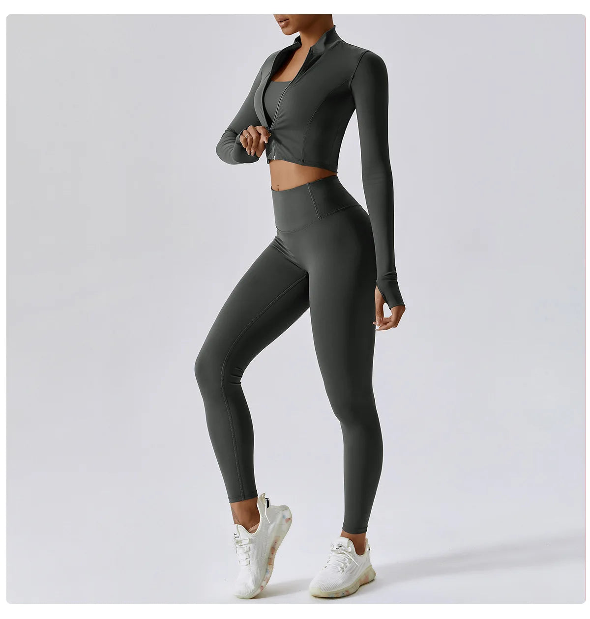 3PCS Women’s Yoga & Workout Set – Long Sleeve Zipper Top with High Waist Leggings Fitness Sportswear