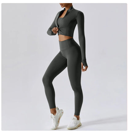 3PCS Women’s Yoga & Workout Set – Long Sleeve Zipper Top with High Waist Leggings Fitness Sportswear
