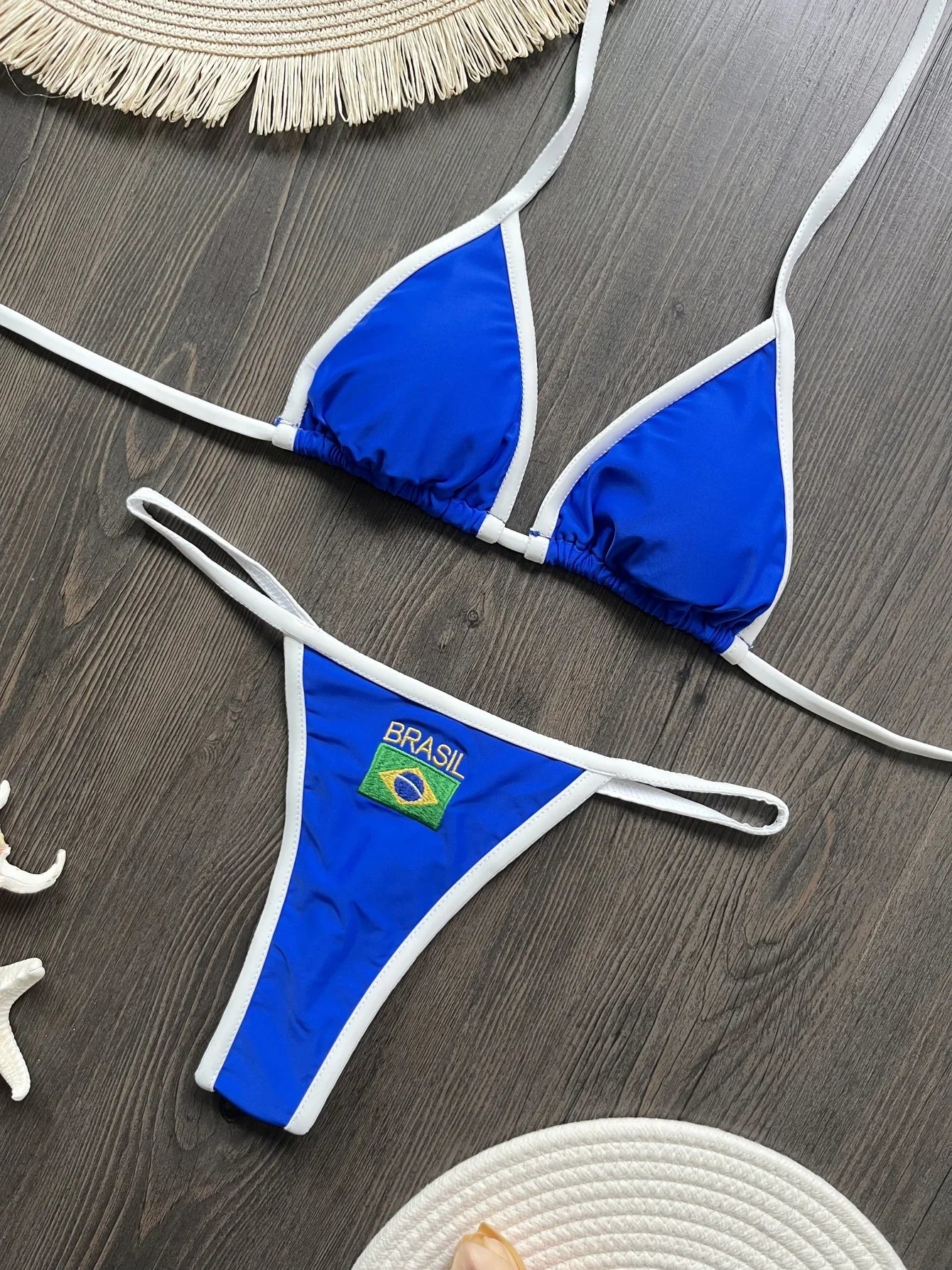 Women’s Brazil Flag Embroidery Bikini Set – Contrast Split Patchwork Swimsuit, Sexy Summer Beachwear Outfit