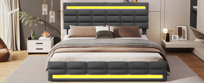 LED Full Size Bed Frame – Upholstered Platform Bed with LED Headboard & Footboard, Square Stitched Tufted Design