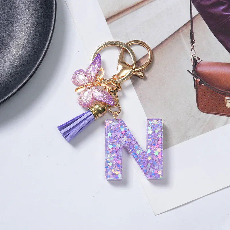 A-Z Initial Letter Sequin Keychain - Purple Butterfly Tassel Resin Keyring Backpack Charm Gift