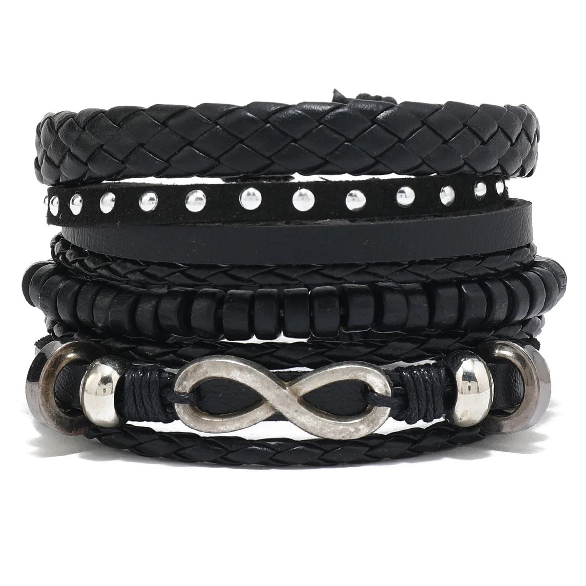 4Pcs Men's Braided Leather Bracelets Set – Vintage Life Tree & Rudder Charms, Wood Beads, Ethnic Tribal Wristbands