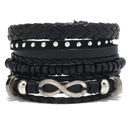 4Pcs Men's Braided Leather Bracelets Set – Vintage Life Tree & Rudder Charms, Wood Beads, Ethnic Tribal Wristbands