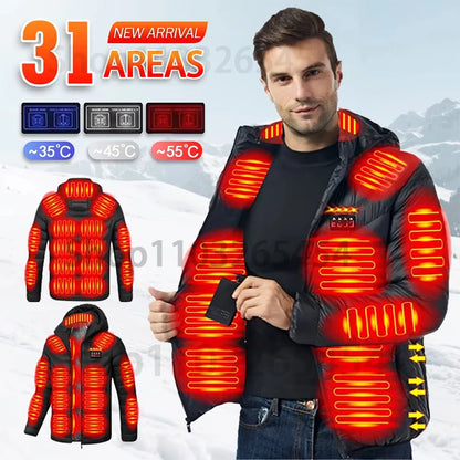 31-Zone Smart USB Heated Jacket for Men & Women – Waterproof Polyester Thermal Coat for Winter, Skiing, and Outdoor Activities