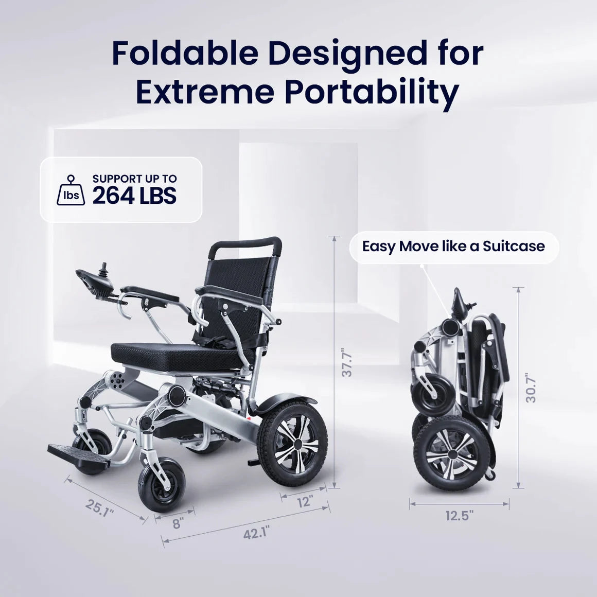 Lightweight Foldable Electric Wheelchair for Adults – Portable All-Terrain Motorized Chair, 264 Lbs Capacity