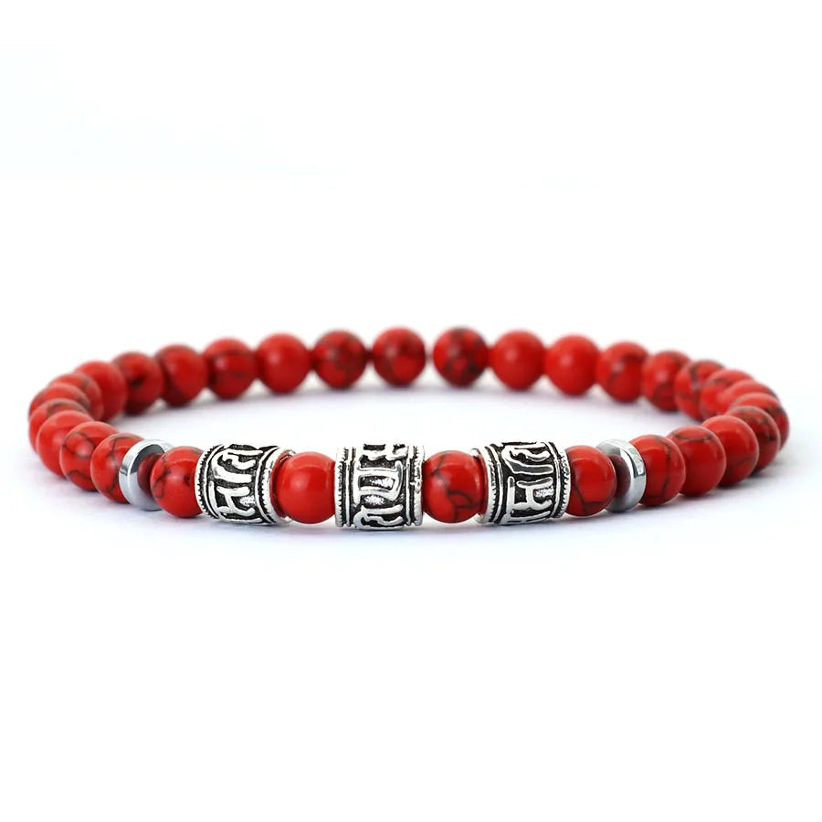Noter Mantra Bracelet for Men – 6mm Howlite, Lava, and Tiger Eye Beads, Viking Accessories, Tibetan Bracelet