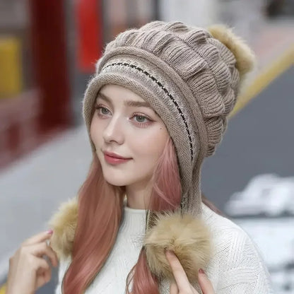 Cozy Knit Fleece Beanie with Ear Flaps & Pompom — Warm Winter Hat for Women, Ideal for Skiing & Outdoors