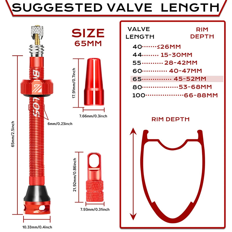 BUCKLOS Tubeless Presta Valves 40–100mm — Aluminum Alloy Bike Valve Stem for Road & MTB