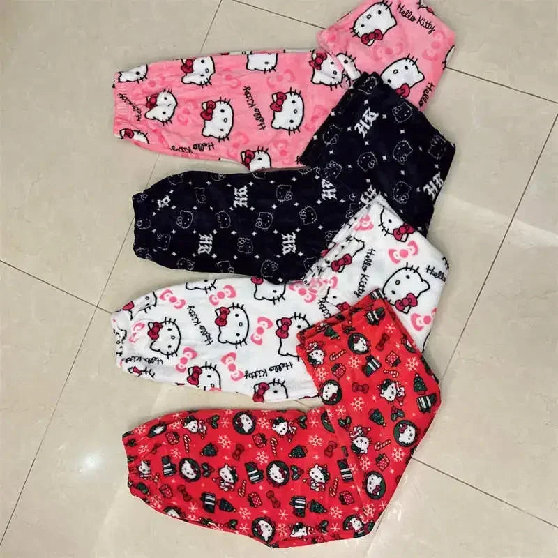 Thick Hello Kitty Fleece Pajama Pants – Soft Double Elastic Anime Trousers for Women, Cute Sanrio Birthday Gift