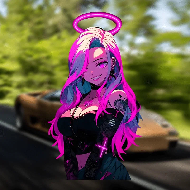 Neon Pink Cyberpunk Angel Sticker - Waterproof Vinyl Decal for Cars, Motorcycle Fuel Tanks, and Laptops