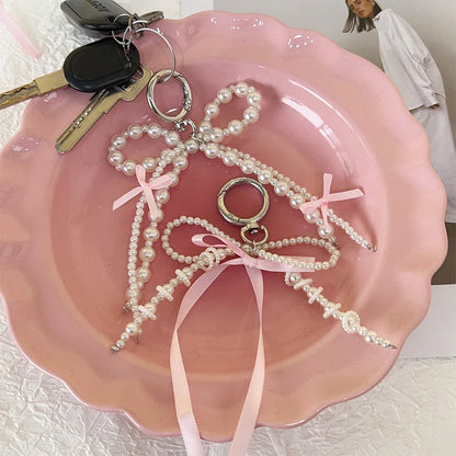 2026 Y2K Pearl Bow Heart Keychain – Cute Aesthetic Bag Charm Keyring Accessory for Girls