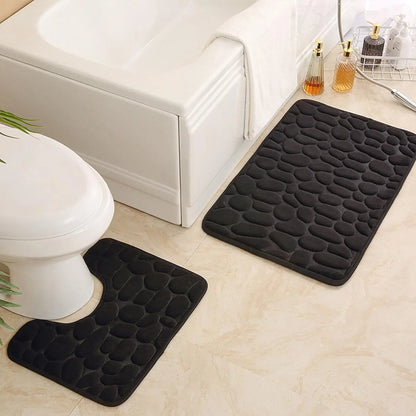 2PC Embossed Stone Pattern Toilet & Door Mats – Water-Absorbing, Non-Slip, Washable Home Decor Carpets