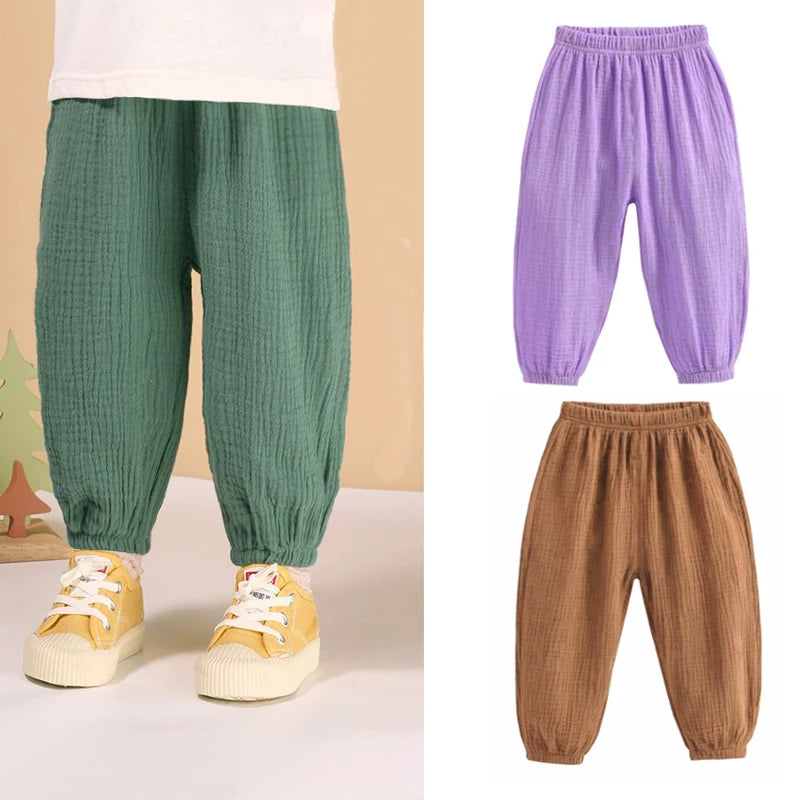 Summer Korean Kids Cotton Linen Pants – Casual High Waist Loose Pleated Harem Trousers for Girls & Boys