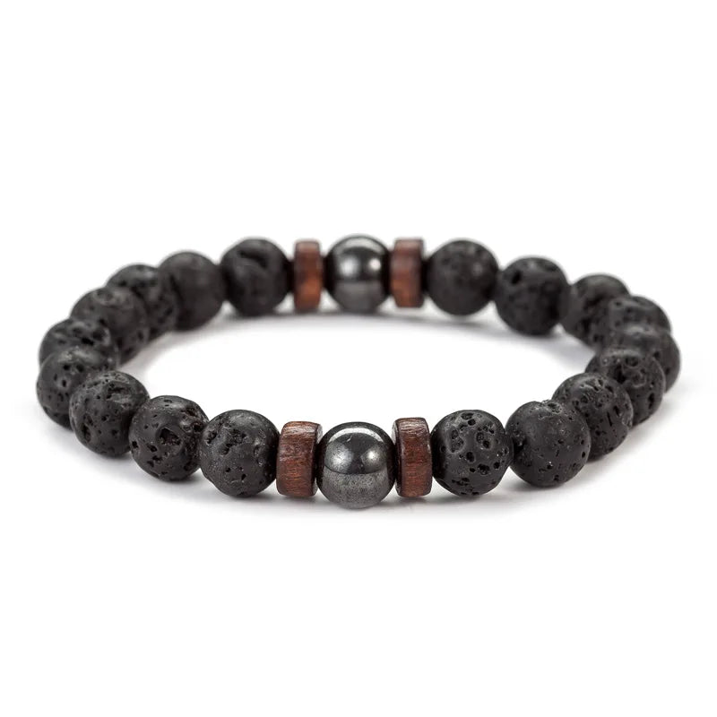 8mm Volcanic Lava Stone Bracelet - Handmade Elastic Beaded Bracelet for Men with Wooden Tibetan Buddha Style