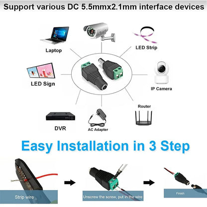 12V DC Power Plug Connectors - 5.5×2.1mm Male and Female Adapter Jacks for LED Strip Lights and CCTV Cameras, 5 Pairs