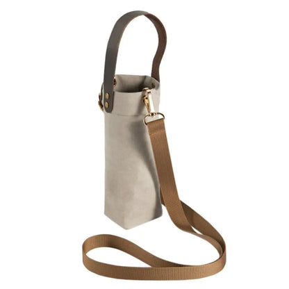 Kraft Paper Water Bottle Carrier Bag - Washable Insulated Pouch Holder with Shoulder Strap for Outdoor Travel