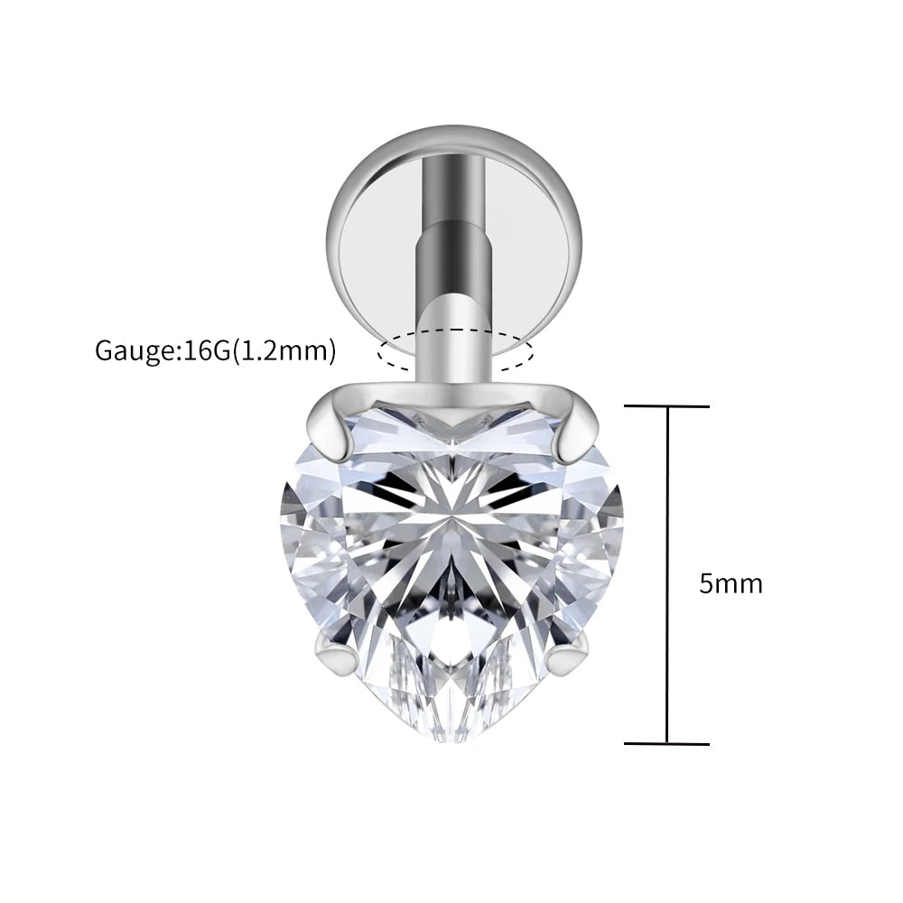 Right Grand ASTM F136 Titanium 16G Heart CZ Threaded Labret Stud – 3mm/4mm/5mm CZ Cartilage, Tragus, Helix & Nose Piercing Jewelry