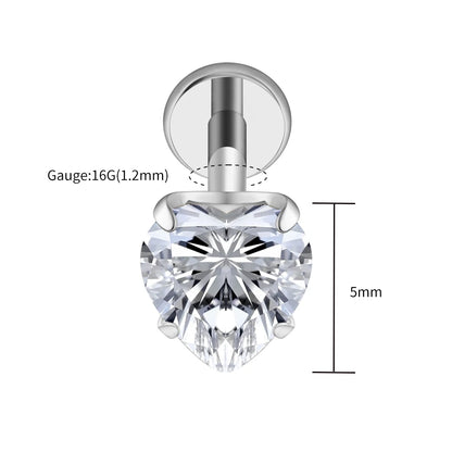 Right Grand ASTM F136 Titanium 16G Heart CZ Threaded Labret Stud – 3mm/4mm/5mm CZ Cartilage, Tragus, Helix & Nose Piercing Jewelry