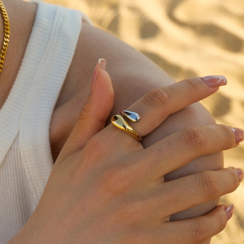 Vintage 18K Gold Plated Stainless Steel Ring – Double Line Irregular Open End Jewelry for Women