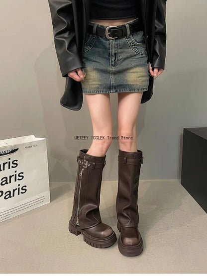 Winter Women's Biker Boots – Fashion Belt Buckle Knee-High Platform Booties