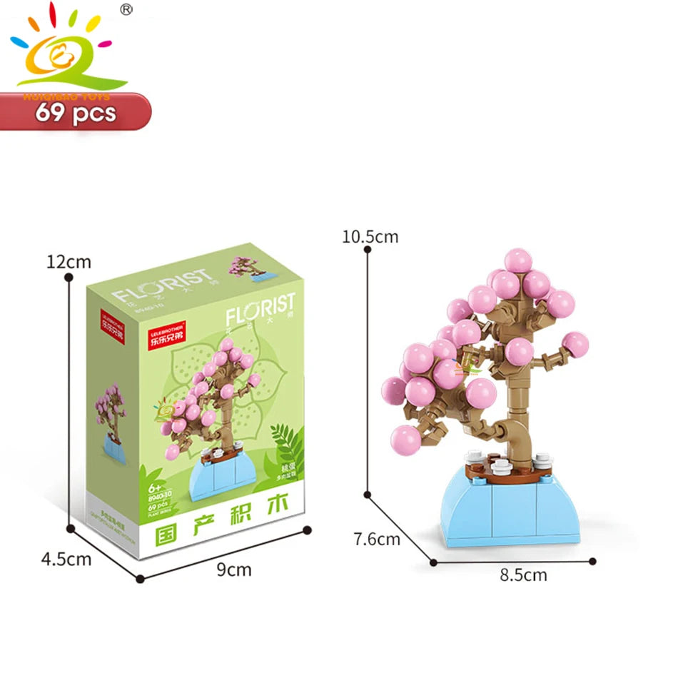 HUIQIBAO MOC Flower & Succulent Potted Building Block Set – DIY Eternal Bouquet, Home Desk Plant Decor, Girls & Kids Toy Gift