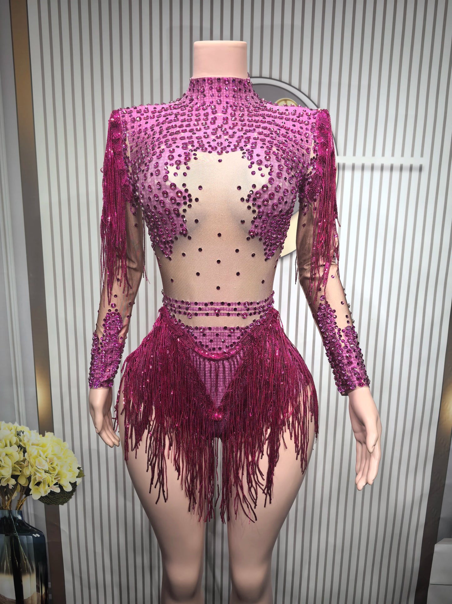 Sparkly Blue Rhinestone Leotard - One-Shoulder Fringe Bodysuit for Dance, Stage & Performance