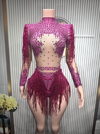 Sparkly Blue Rhinestone Leotard - One-Shoulder Fringe Bodysuit for Dance, Stage & Performance