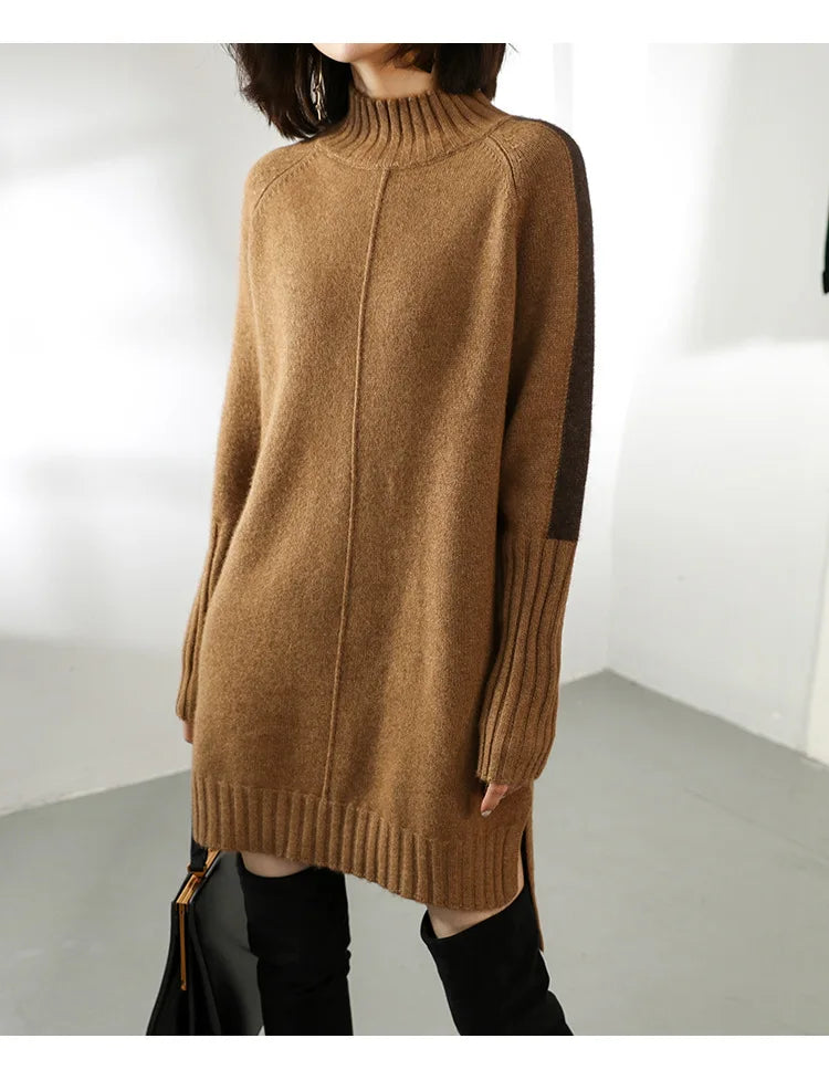 Turtleneck Knitted Sweater for Women – Autumn/Winter Warm Thick Pullovers, Wool Knit Crochet Y2K Split Jumper Cardigan