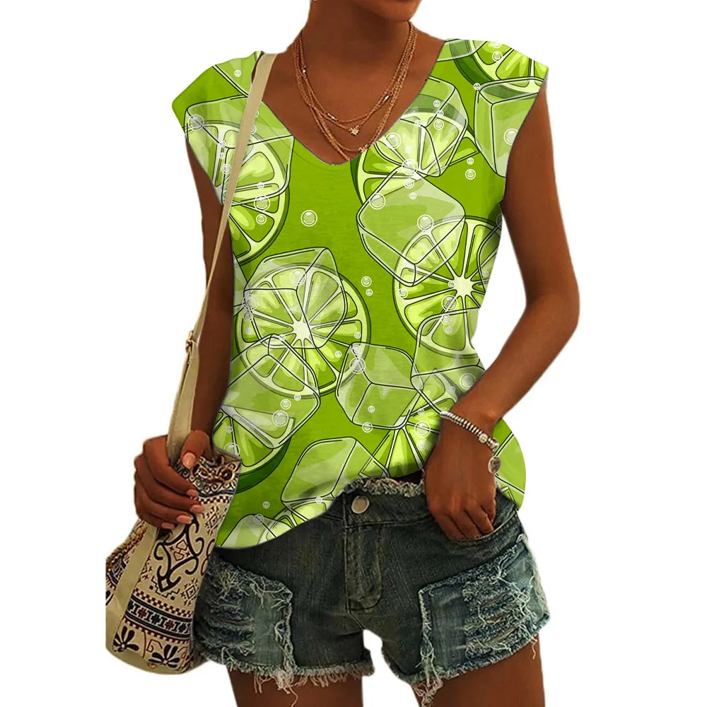 Women’s Floral Print T-Shirt - V Neck Cap Sleeve Loose Fit Summer Beach Top with Breathable Casual Style